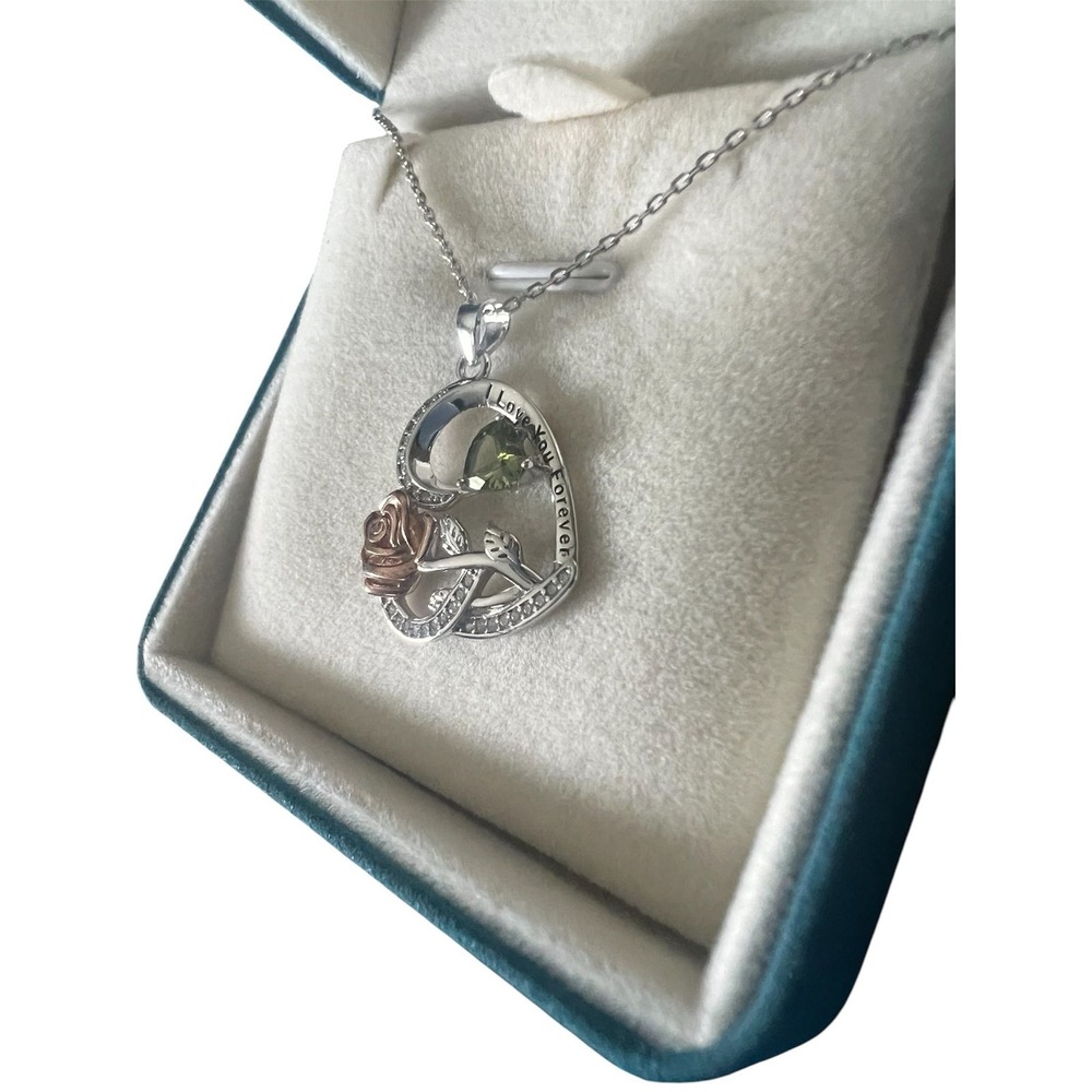 143.-   925 SS "I Love You Forever" Heart pendant, rose w/ birthstone Necklace